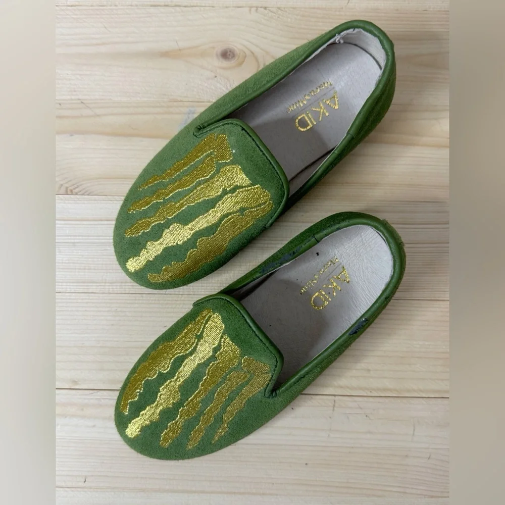 AKID Green Skeleton Loafers with Gold. Size 10, Excellent Condition. HTF